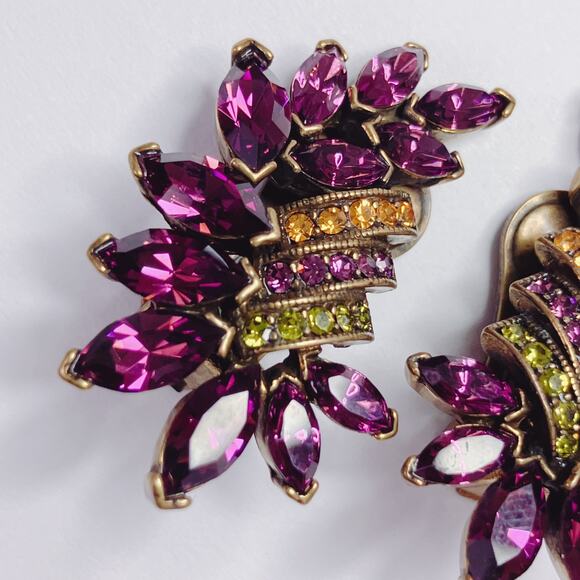 Unsigned Heidi Daus Purple Rhinestone Clip-On Earrings Striped Evening Cocktail - Picture 7 of 11